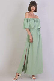 Fluid Exposed Shoulder Ruffle Dress Sage