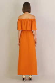 Fluid Exposed Shoulder Ruffle Dress Orange