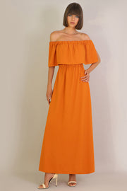 Fluid Exposed Shoulder Ruffle Dress Orange