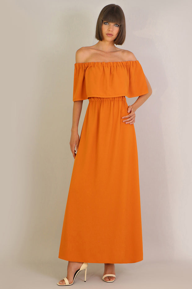 Fluid Exposed Shoulder Ruffle Dress Orange