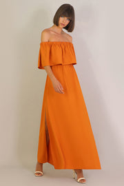 Fluid Exposed Shoulder Ruffle Dress Orange