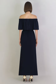 Fluid Exposed Shoulder Ruffle Dress Navy