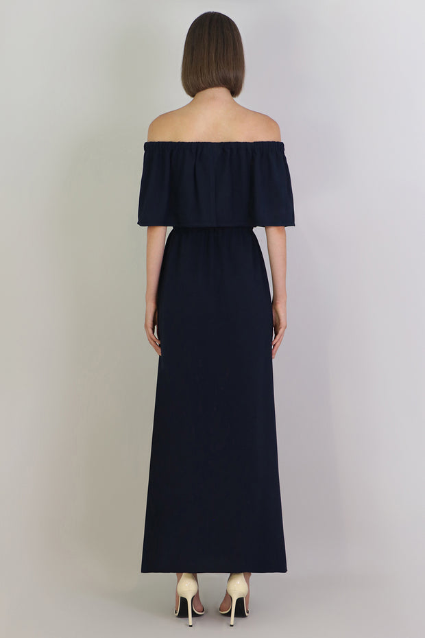 Fluid Exposed Shoulder Ruffle Dress Navy