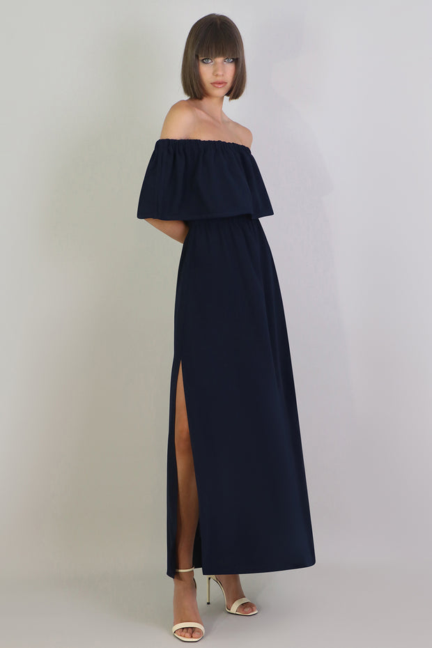 Fluid Exposed Shoulder Ruffle Dress Navy