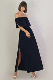 Fluid Exposed Shoulder Ruffle Dress Navy