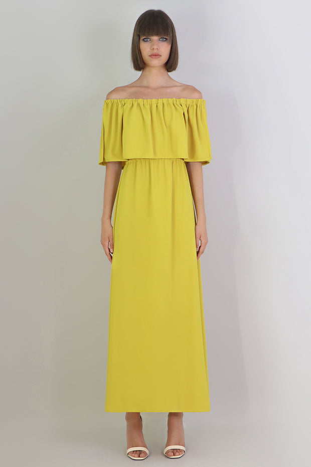 Fluid Exposed Shoulder Ruffle Dress Yellow