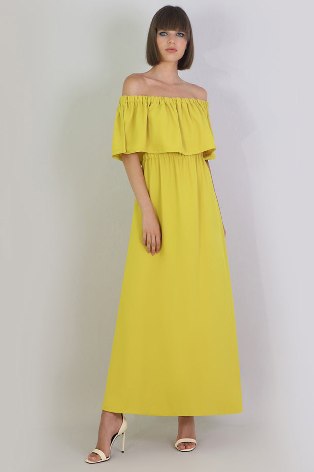 Fluid Exposed Shoulder Ruffle Dress Yellow