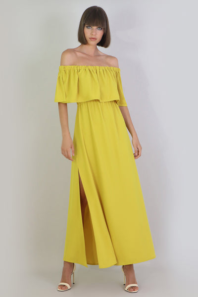 Fluid Exposed Shoulder Ruffle Dress Yellow