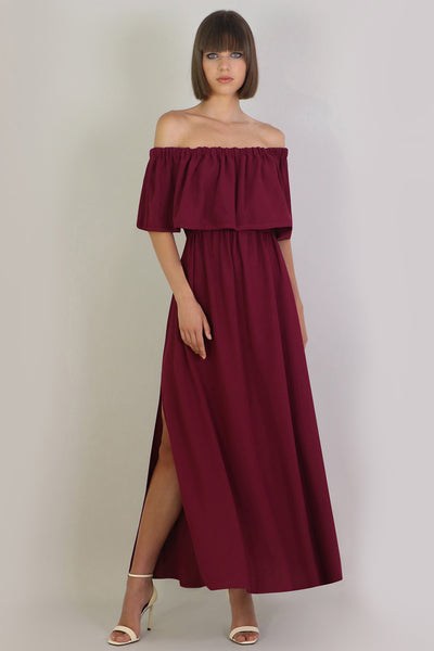 Fluid Exposed Shoulder Ruffle Dress Raspberry